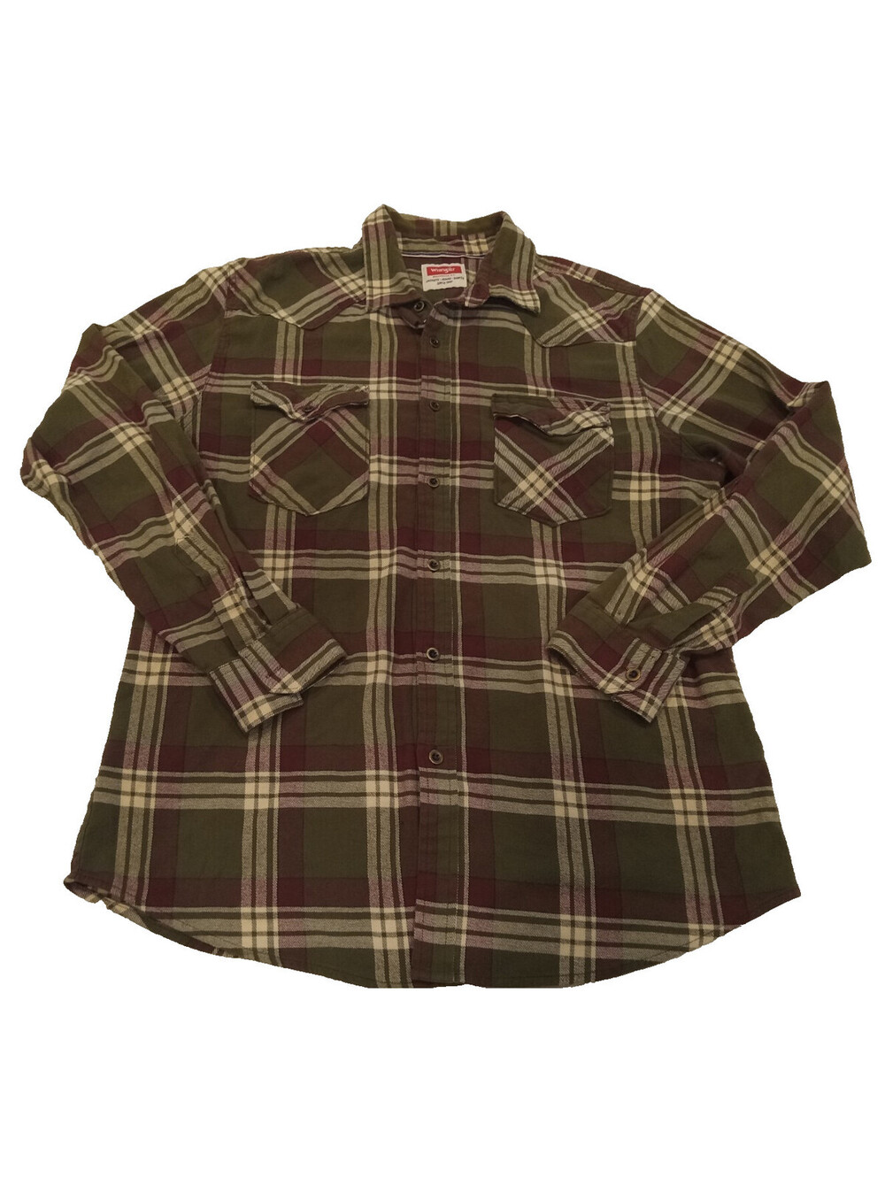 Wrangler Western Shirt Mens Large Green Maroon Plaid Flannel Long Sleeve